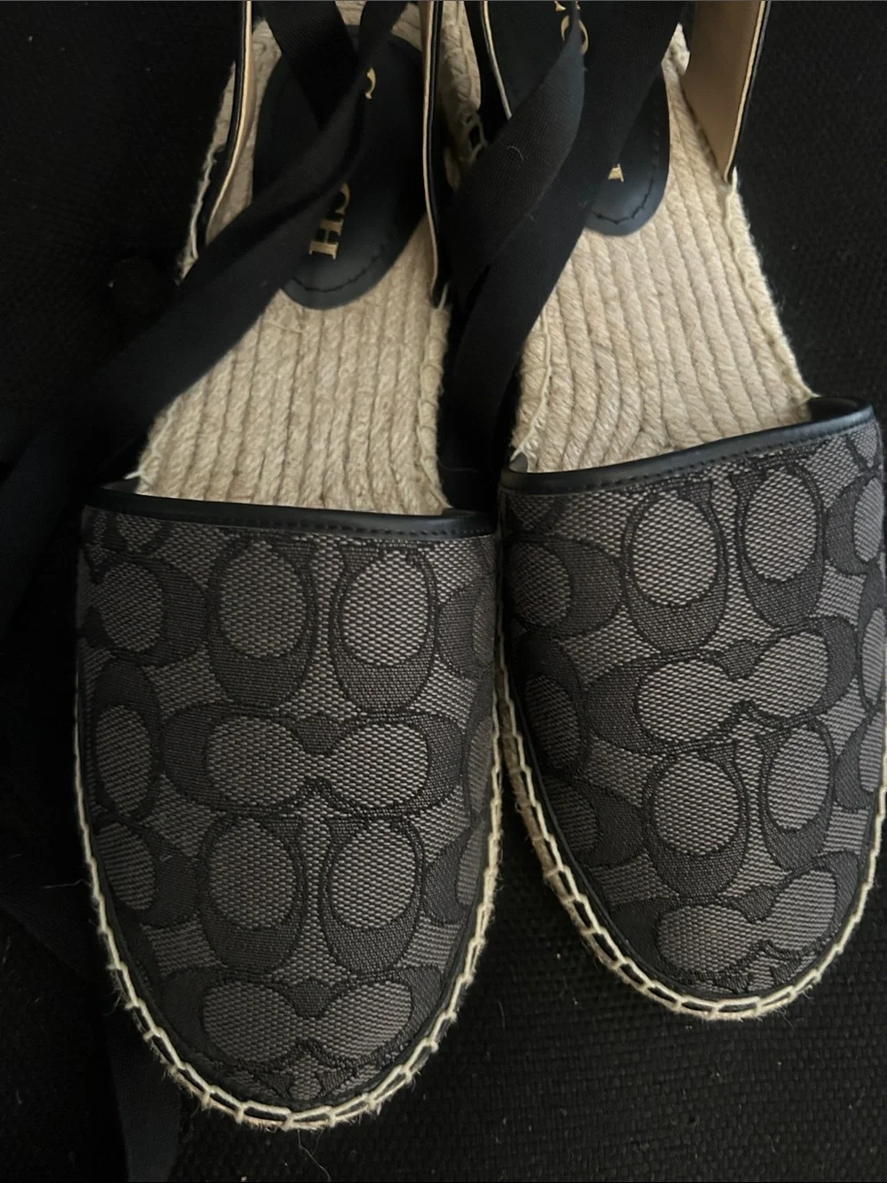 COACH Gray Signature Espadrille with Black Ribbon Ties